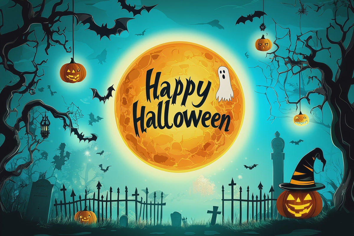 Halloween-Hintergrundfoto Türkisfarbener Mond Friedhof Silhouette Halloween-Party Hintergrund RR67-110