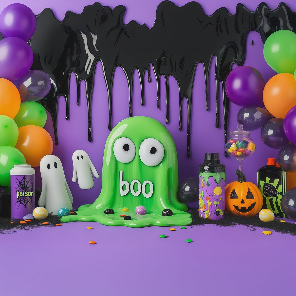 Niedliche Halloween-FotohintergrundkulisseGrüner Schleimgeist Partyhintergrund Halloween RR67-113