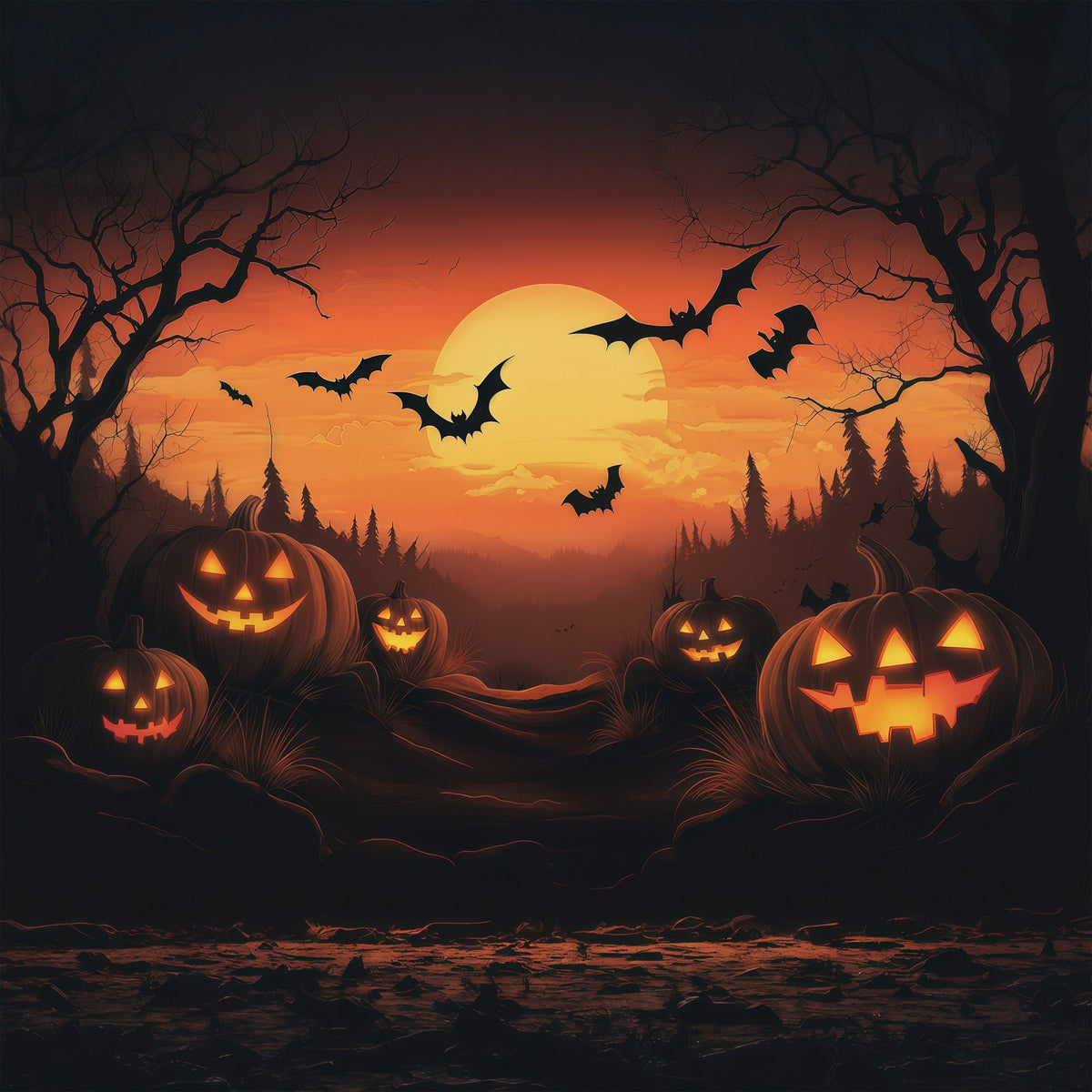 Halloween-Fotohintergrund-IdeenSonnenuntergang Kürbis Fledermaus Wald Halloween-Fotohintergrund RR67-115