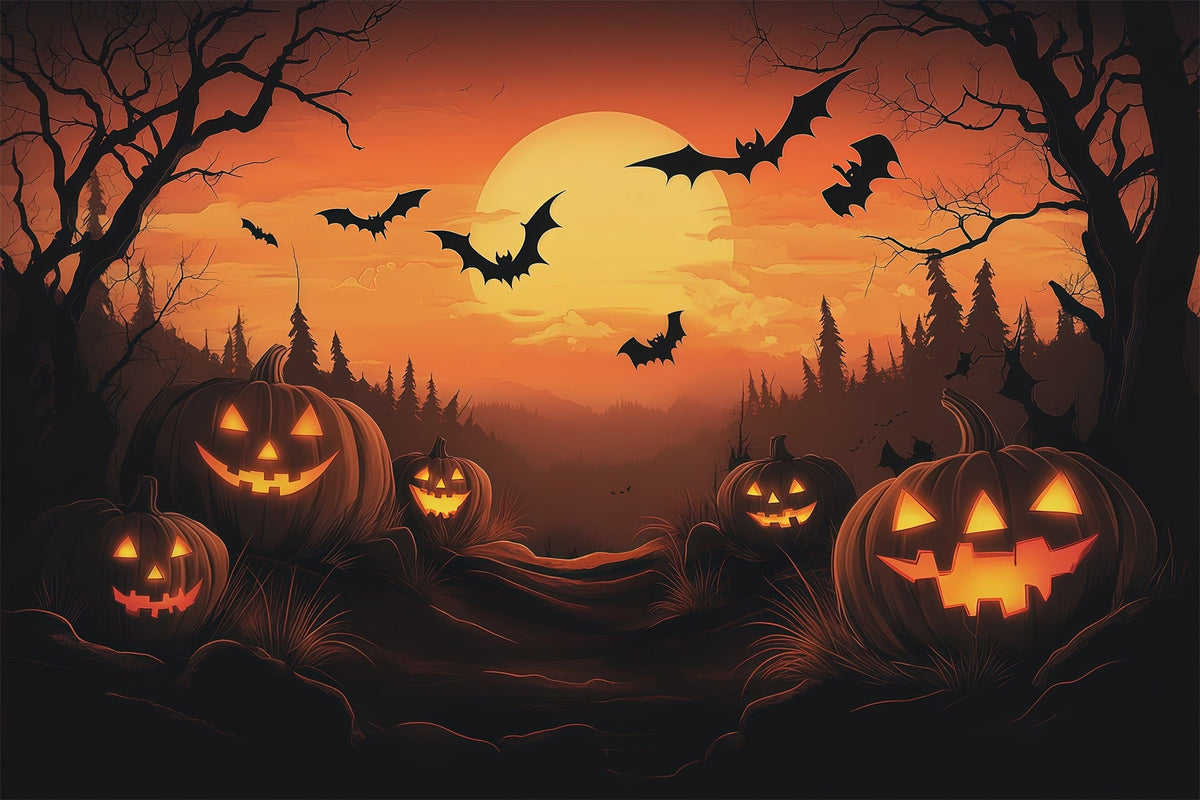 Halloween-Fotohintergrund-IdeenSonnenuntergang Kürbis Fledermaus Wald Halloween-Fotohintergrund RR67-115