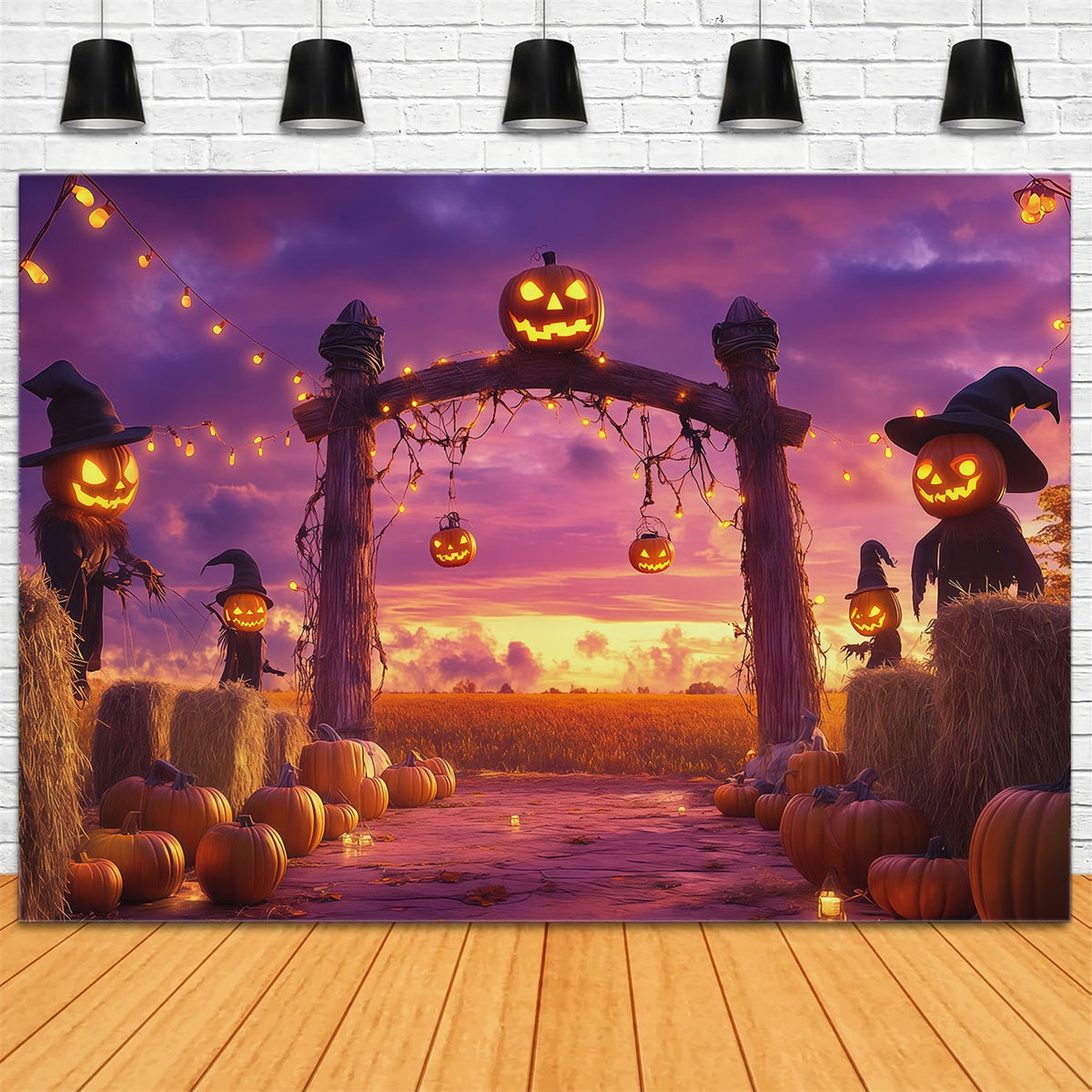 Halloween-Kürbis-Hintergrund Erntebogen Vogelscheuchen Halloween-Fotohintergrund-Ideen RR67-12