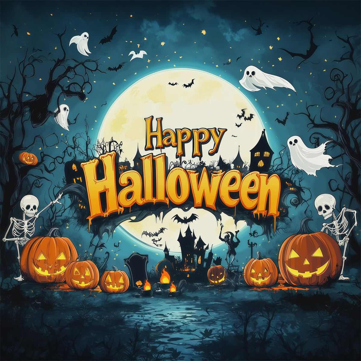 Halloween-Fotohintergrund Mit Skelett- Kürbis- Und Mondmotiven Für Partys RR67-120