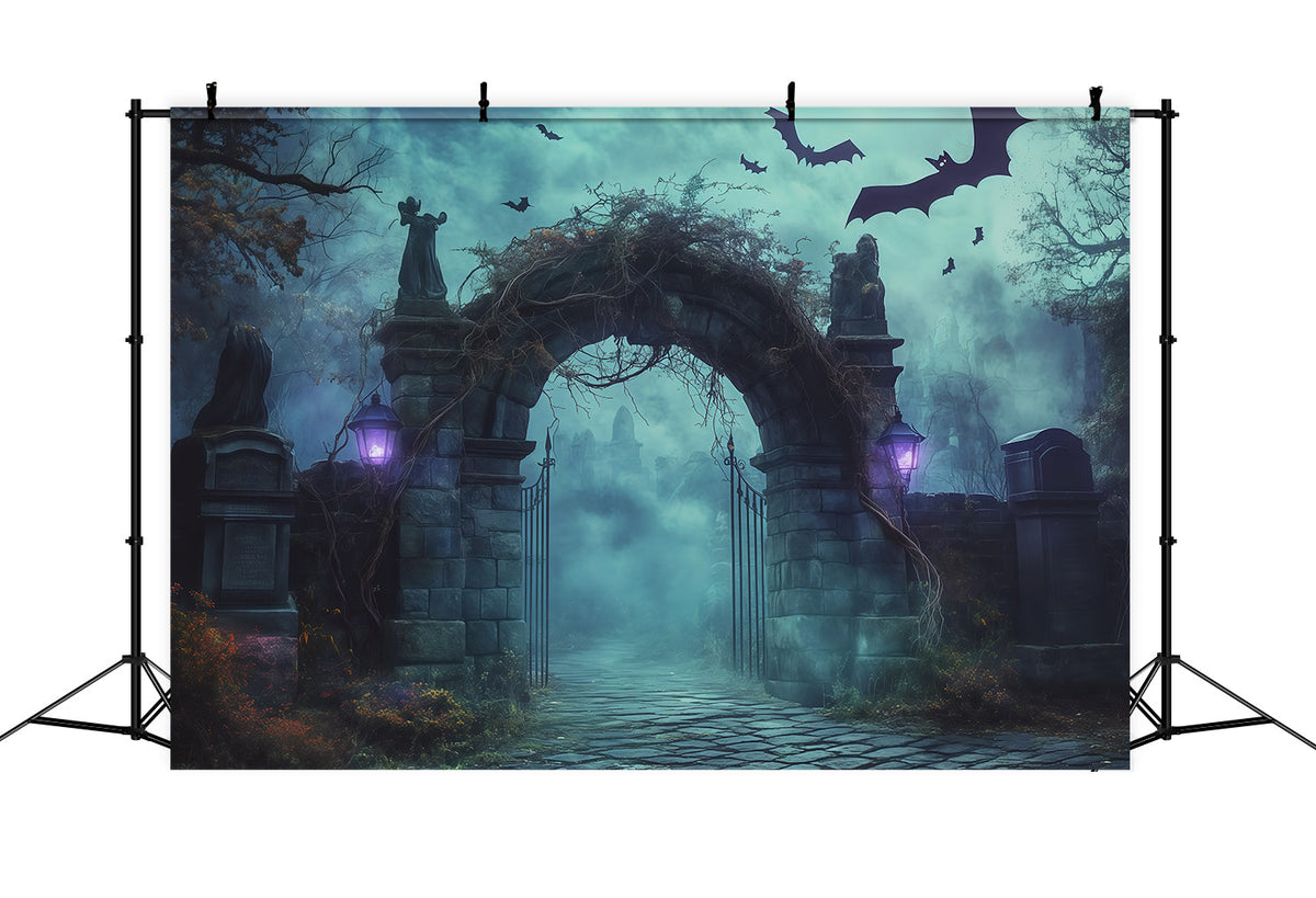 Halloween-Fotohintergrund Im FreienNebeliger Friedhofs-Steinbogen RR67-121
