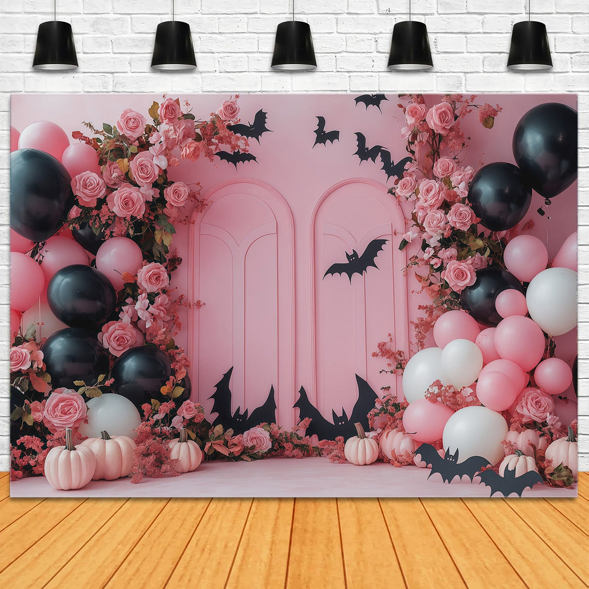 Halloween-Hintergrund Für Fotobox Rosa Rosen Fledermausballons Niedlicher Halloween-Hintergrund RR67-123