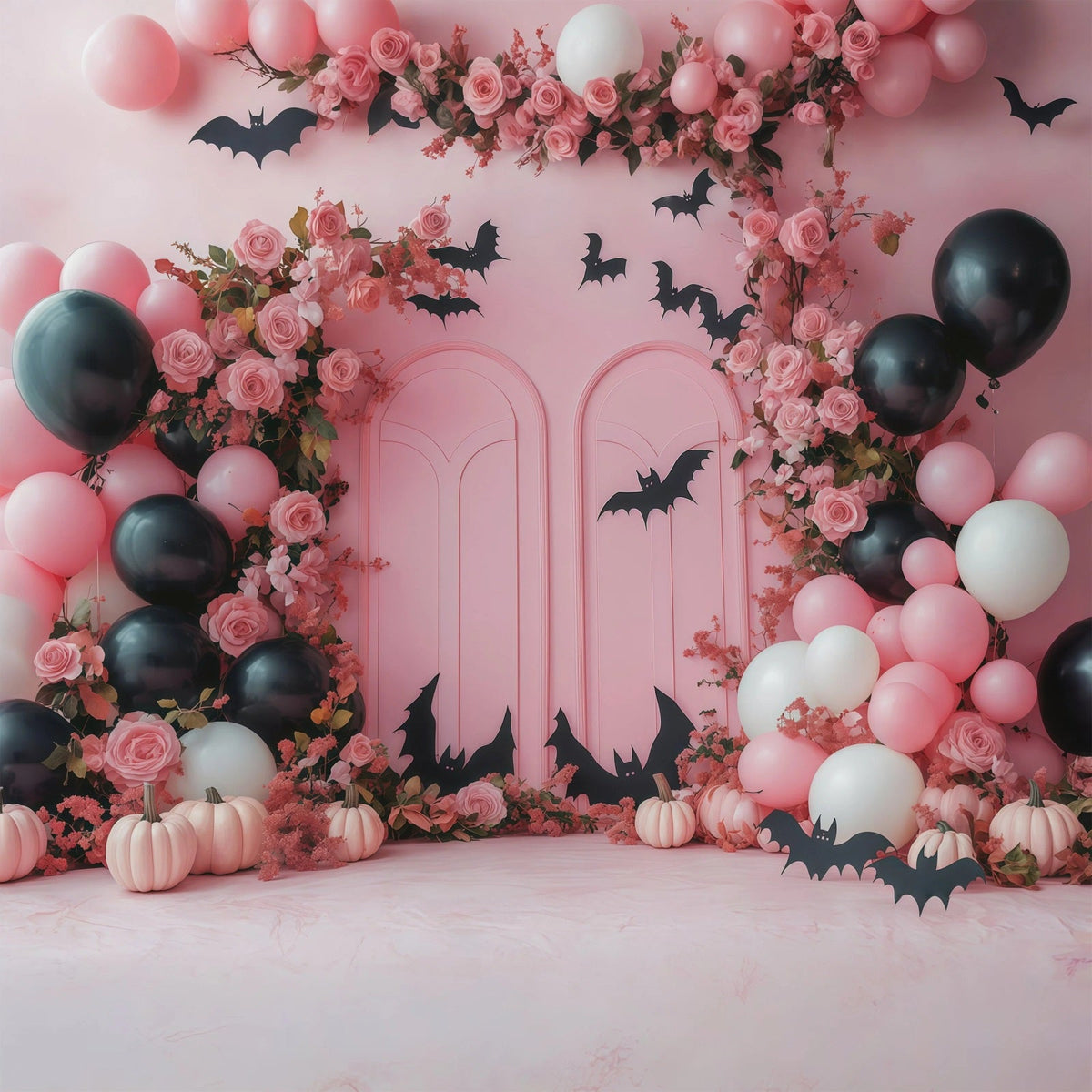 Halloween-Hintergrund Für Fotobox Rosa Rosen Fledermausballons Niedlicher Halloween-Hintergrund RR67-123