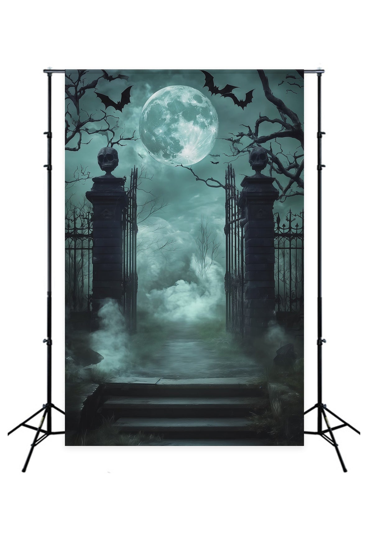 Gruselige Halloween-HintergrundideenTotenkopftor Nebliger Friedhof Halloween-Fotoshooting-Hintergrund RR67-128
