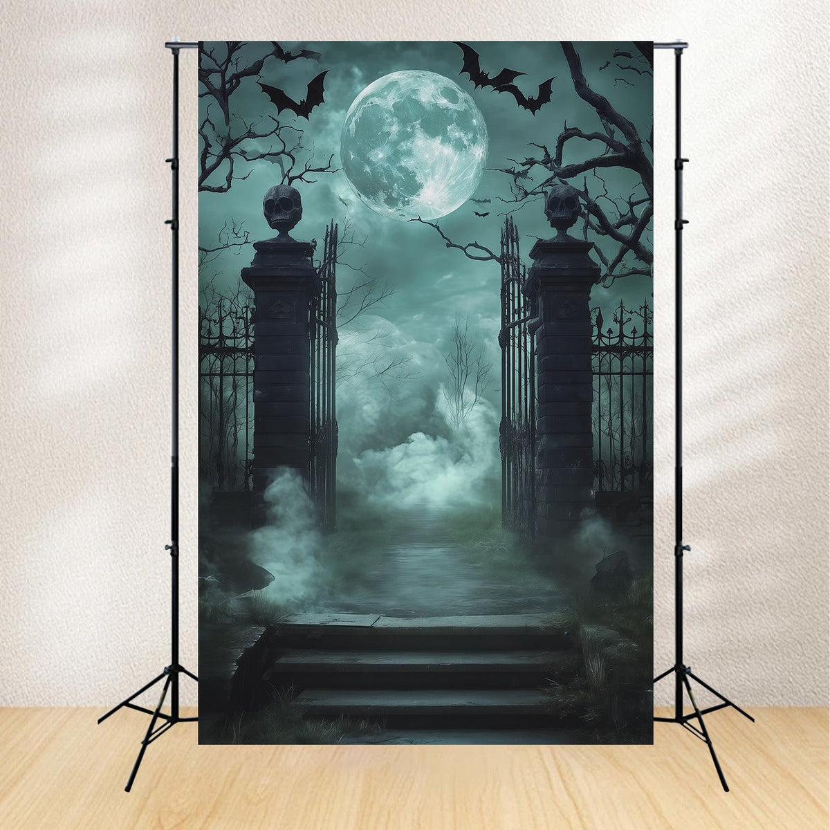 Gruselige Halloween-HintergrundideenTotenkopftor Nebliger Friedhof Halloween-Fotoshooting-Hintergrund RR67-128