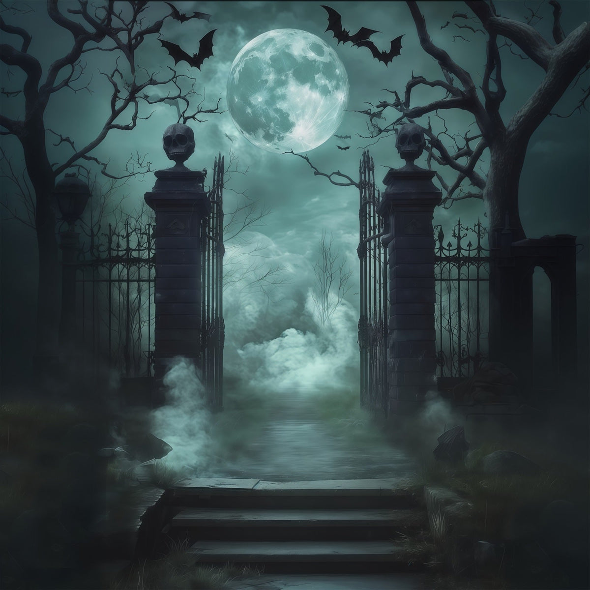 Gruselige Halloween-HintergrundideenTotenkopftor Nebliger Friedhof Halloween-Fotoshooting-Hintergrund RR67-128