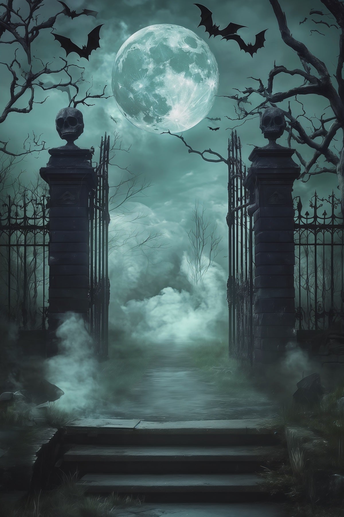 Gruselige Halloween-HintergrundideenTotenkopftor Nebliger Friedhof Halloween-Fotoshooting-Hintergrund RR67-128