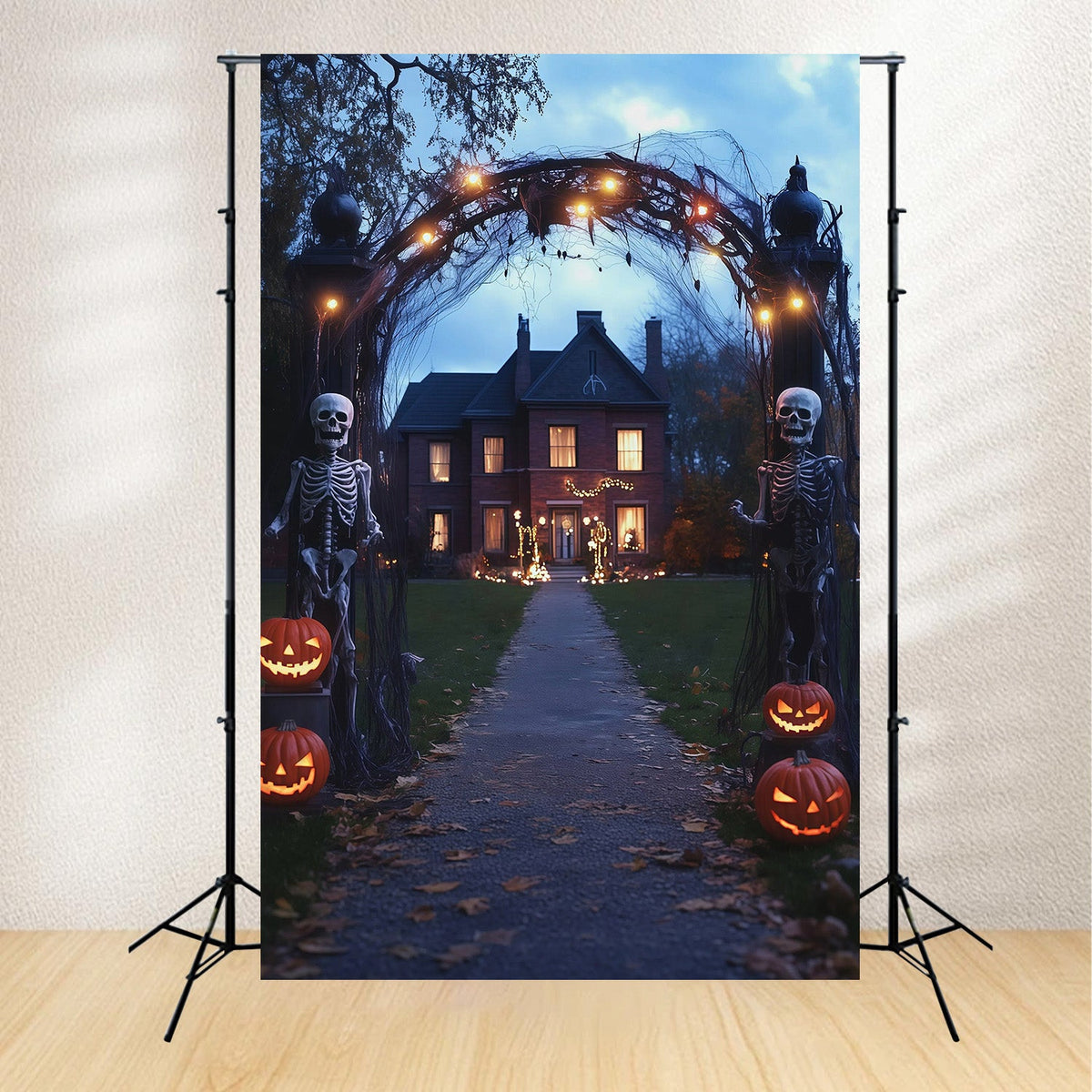 Halloween-Stoffhintergrund Mit Skelettbogen Und Kürbisweg Halloween-Hintergrund Für Fotos RR67-129