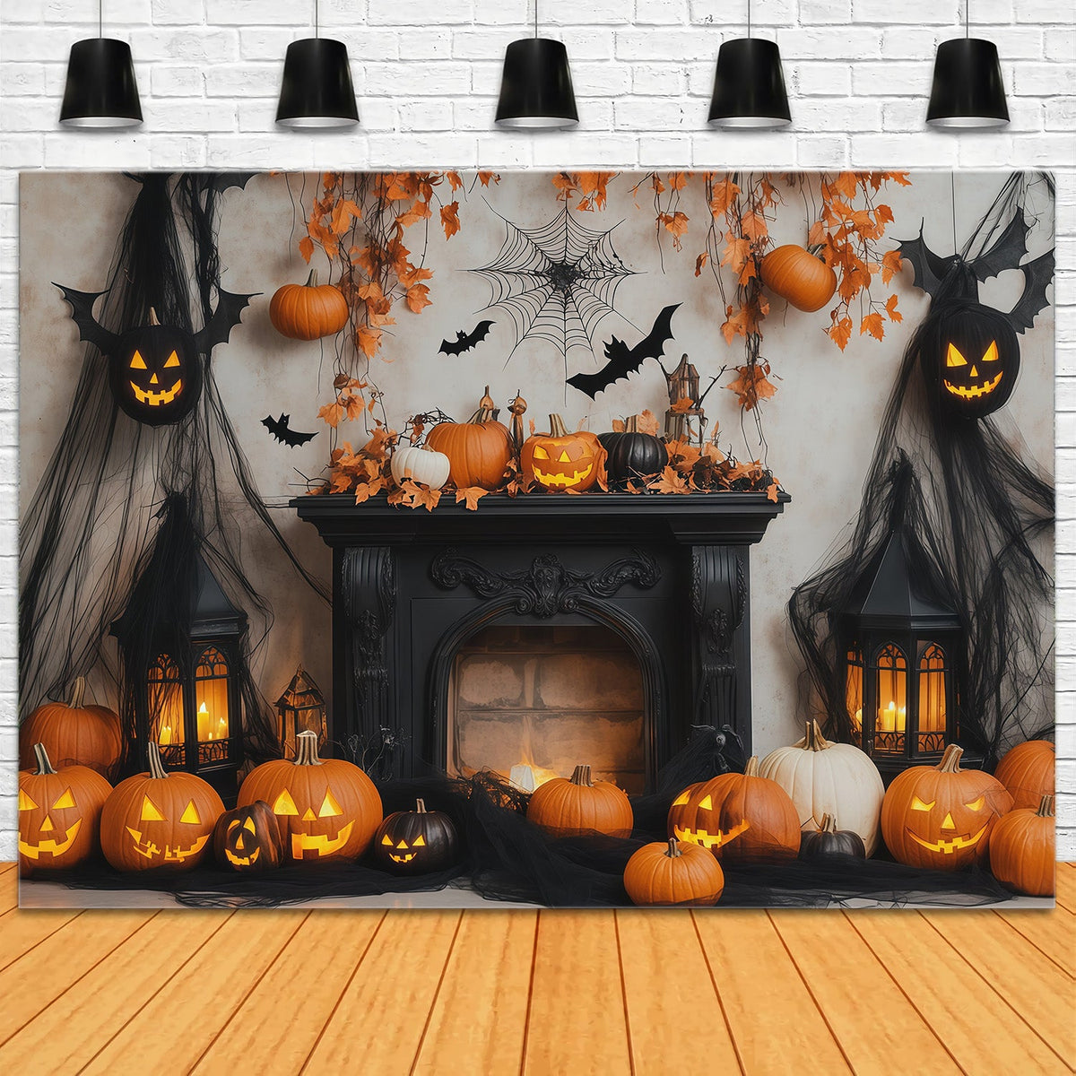 Halloween-Fotohintergrund Mit Kürbis Fledermaus Und Kamin RR67-133