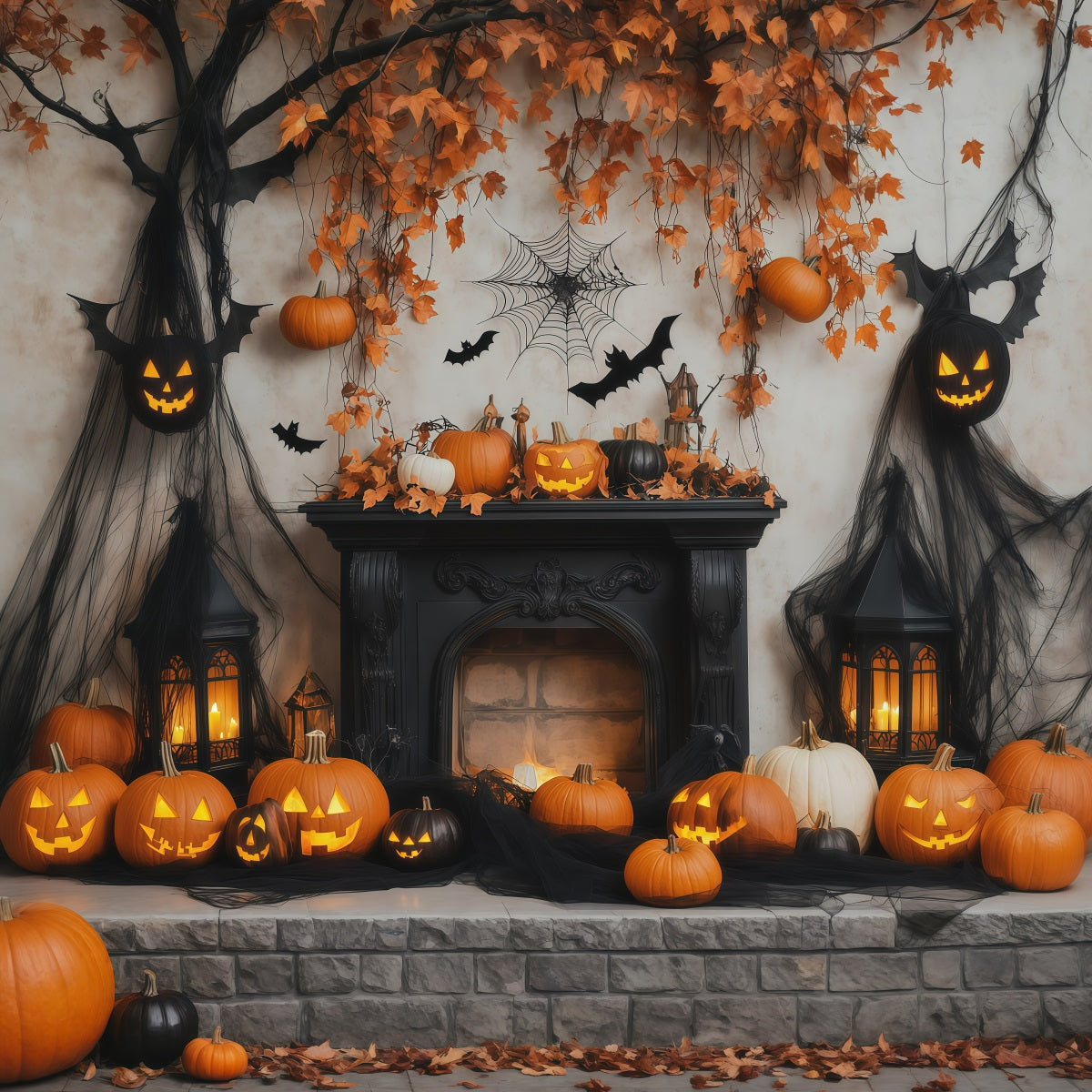 Halloween-Fotohintergrund Mit Kürbis Fledermaus Und Kamin RR67-133