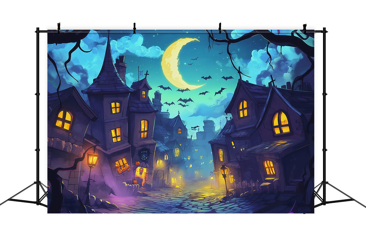 Fotohintergründe Halloween Mondbeschienene Krumme Dorfstraße Halloween-Stadt-Hintergrund RR67-136