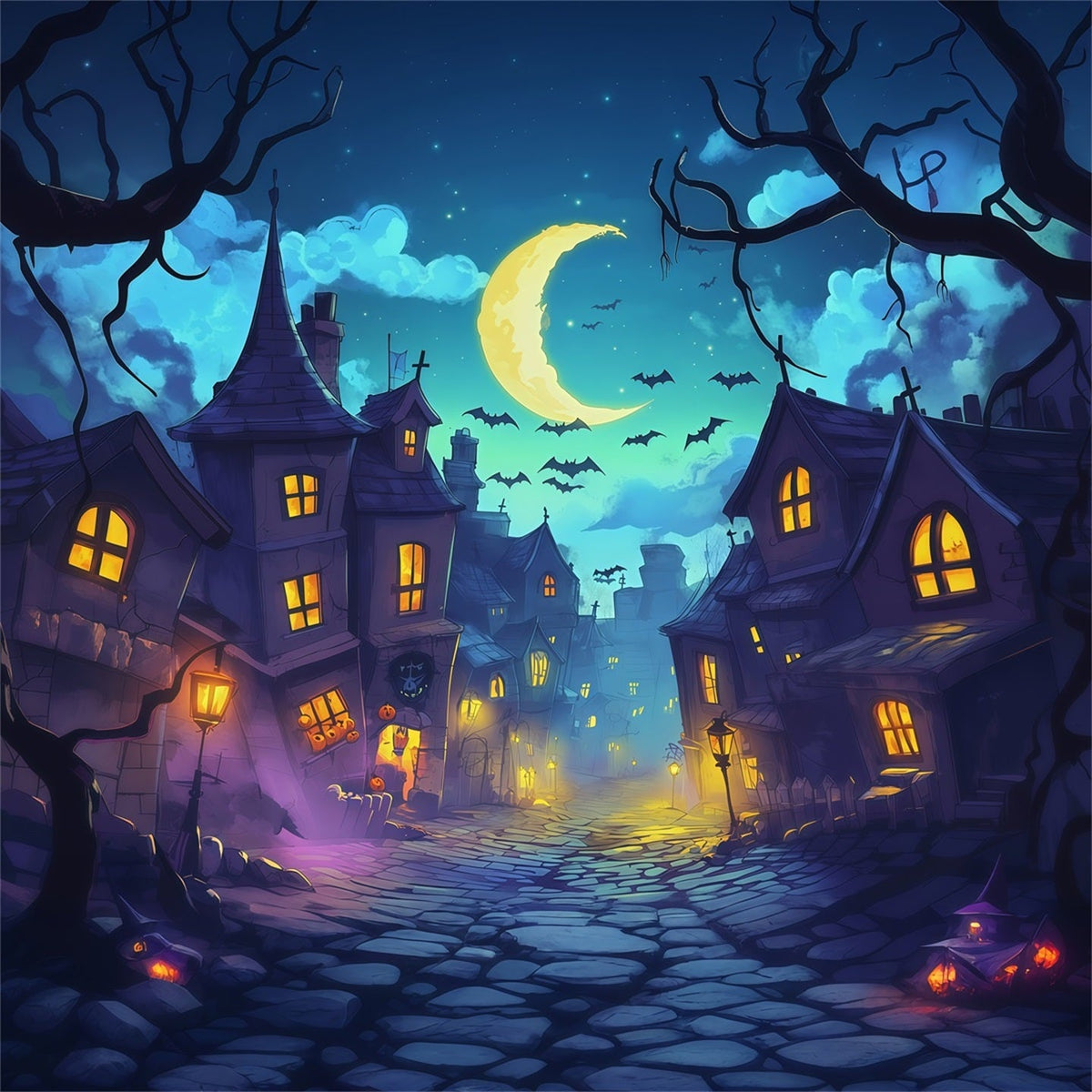 Fotohintergründe Halloween Mondbeschienene Krumme Dorfstraße Halloween-Stadt-Hintergrund RR67-136