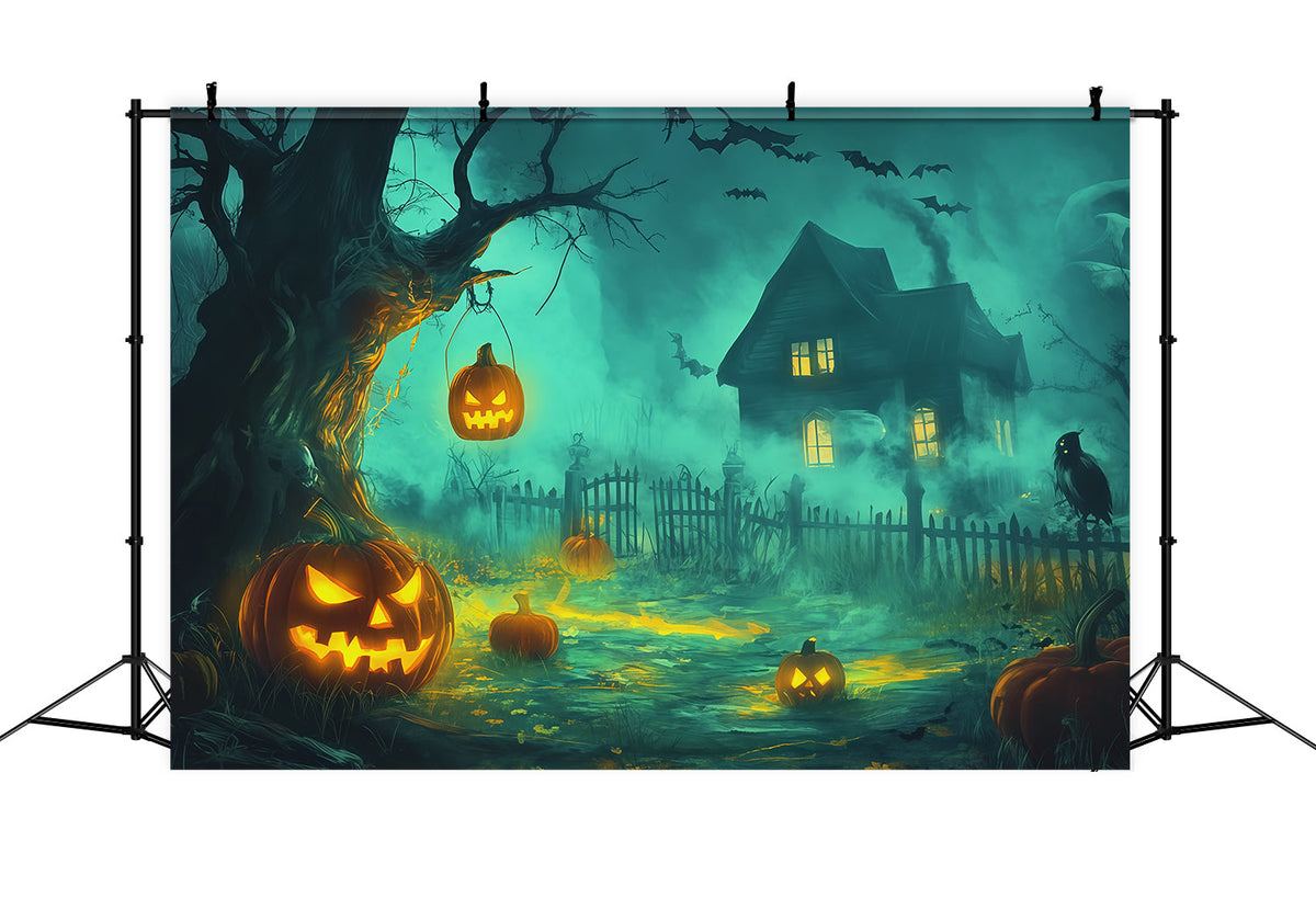 Halloween-HintergrundfotografieNebliger Kürbis Spukhaus Gruseliger Halloween-Hintergrund RR67-141