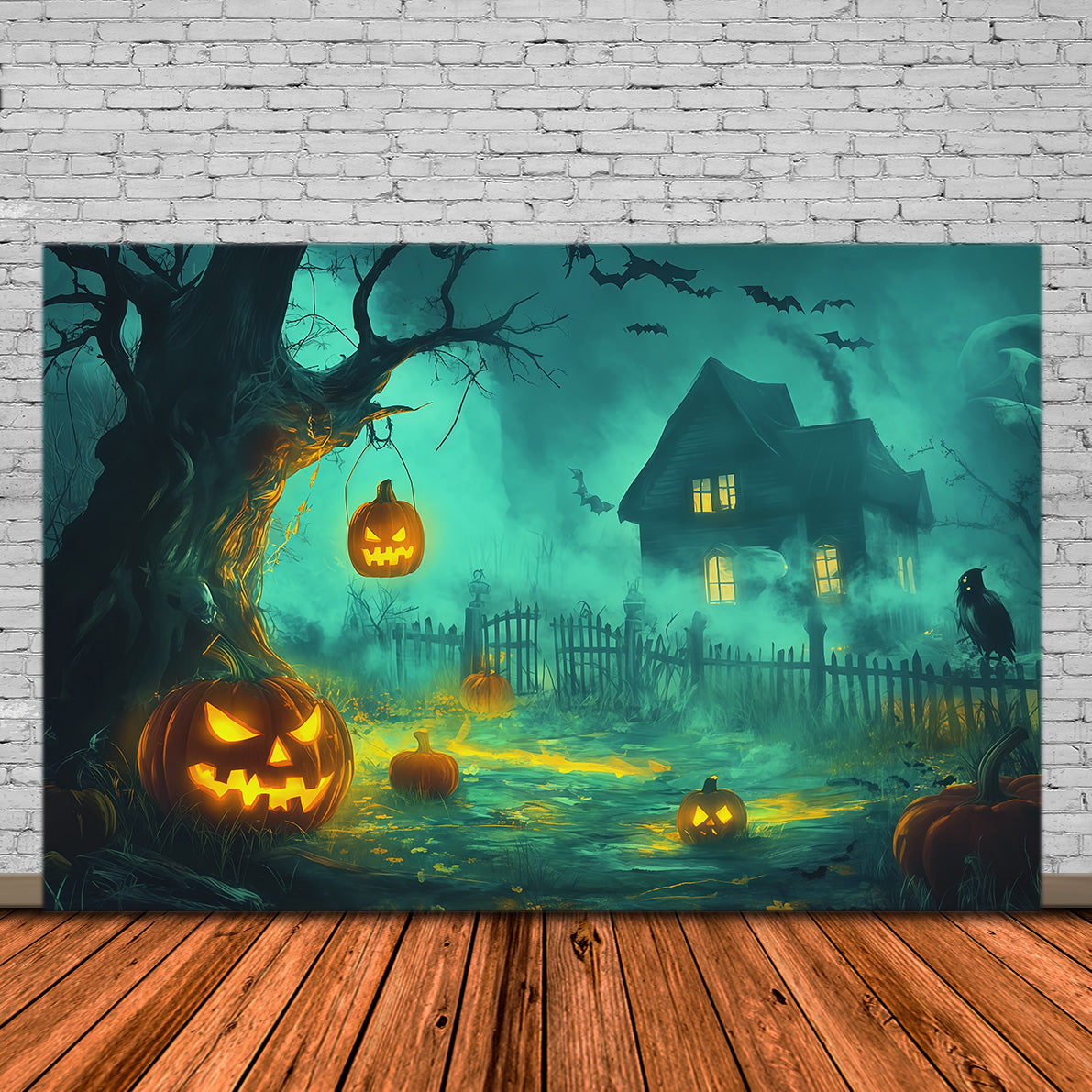 Halloween-HintergrundfotografieNebliger Kürbis Spukhaus Gruseliger Halloween-Hintergrund RR67-141