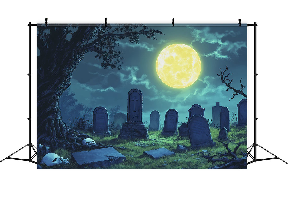 Halloween-StoffhintergrundMondbeschienener Totenkopf Auf Einer Lichtung Am Friedhof R67-142