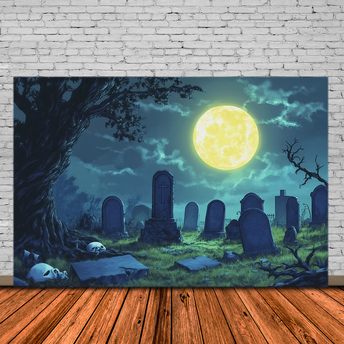 Halloween-StoffhintergrundMondbeschienener Totenkopf Auf Einer Lichtung Am Friedhof R67-142