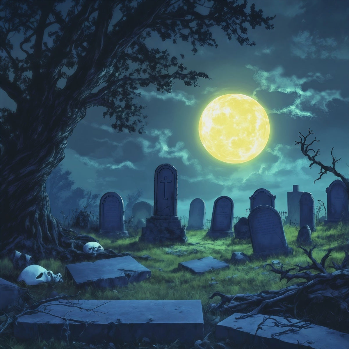 Halloween-StoffhintergrundMondbeschienener Totenkopf Auf Einer Lichtung Am Friedhof R67-142