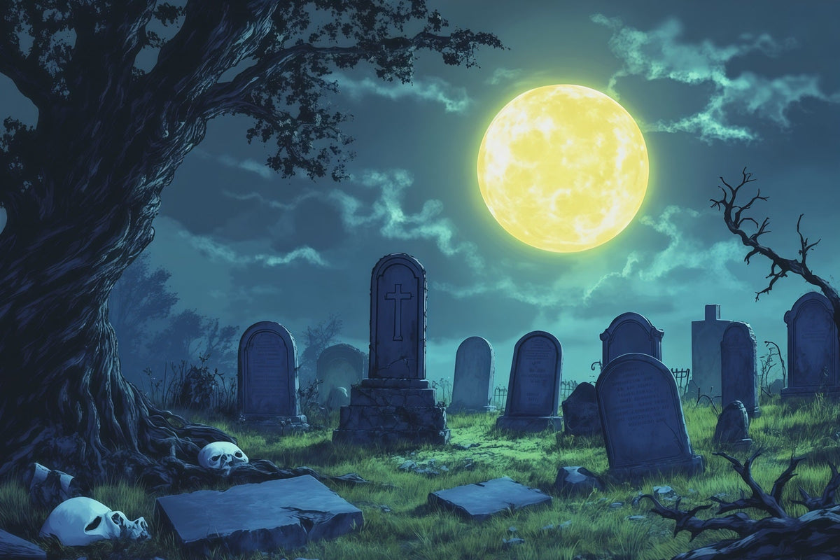 Halloween-StoffhintergrundMondbeschienener Totenkopf Auf Einer Lichtung Am Friedhof R67-142