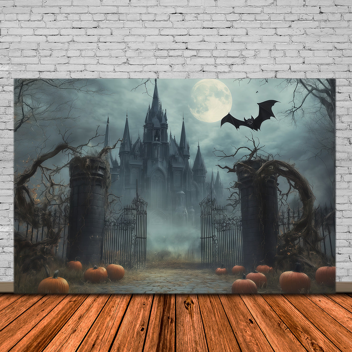 Gruselige Halloween-FotohintergründeNebliger Mondbeschienener Gotischer Torbogen Fröhlicher Halloween-Hintergrund RR67-146