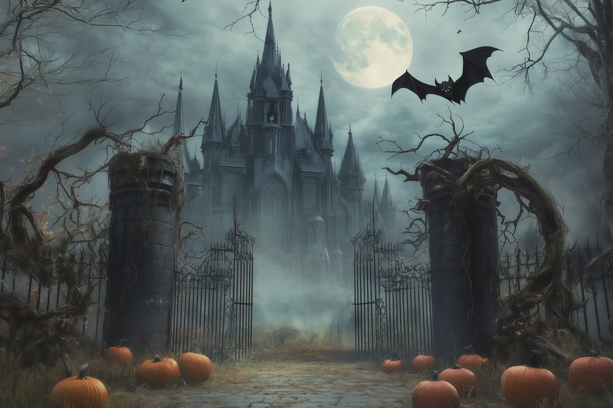 Gruselige Halloween-FotohintergründeNebliger Mondbeschienener Gotischer Torbogen Fröhlicher Halloween-Hintergrund RR67-146