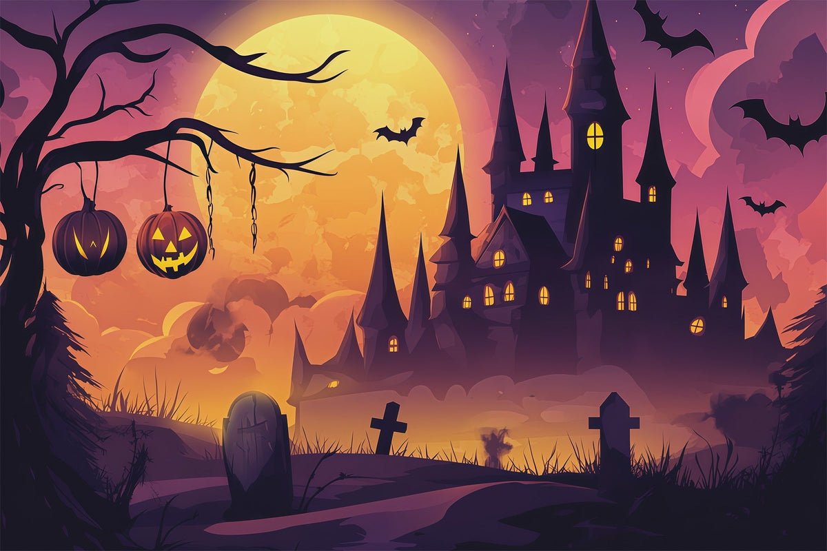Einfacher Halloween-Hintergrund Mondbeschienener Kürbis Burg Friedhof Extra Großer Halloween-Hintergrund RR67-147