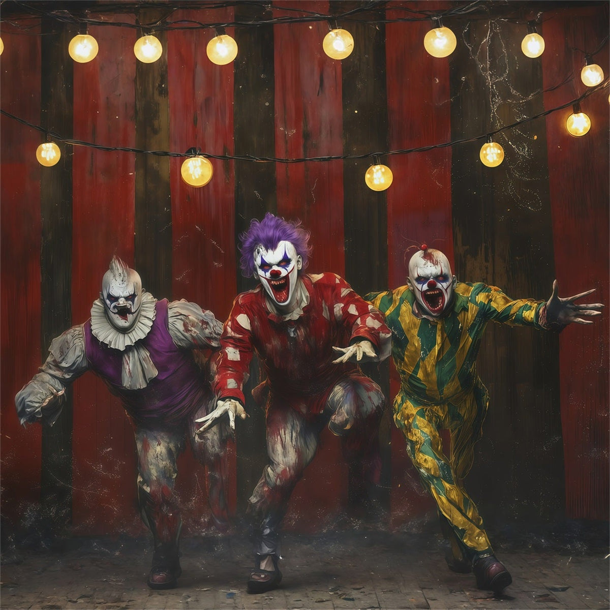 Halloween-Clown-Hintergrund Gruseliges Zirkus-Trio Halloween-Stoffhintergrund RR67-148