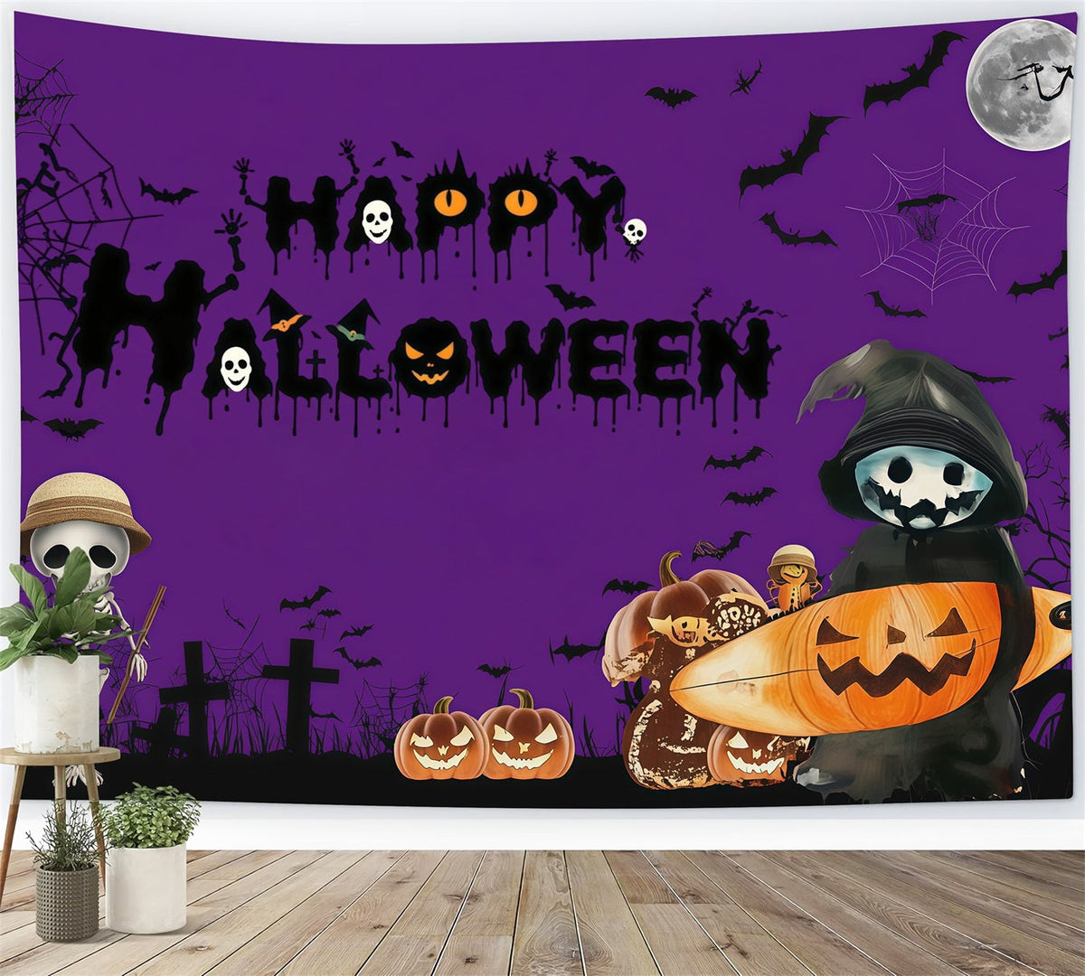 Fotokabinen-Hintergründe Für HalloweenLila Skelett-Kürbis-Nacht-Fotohintergrund RR67-15