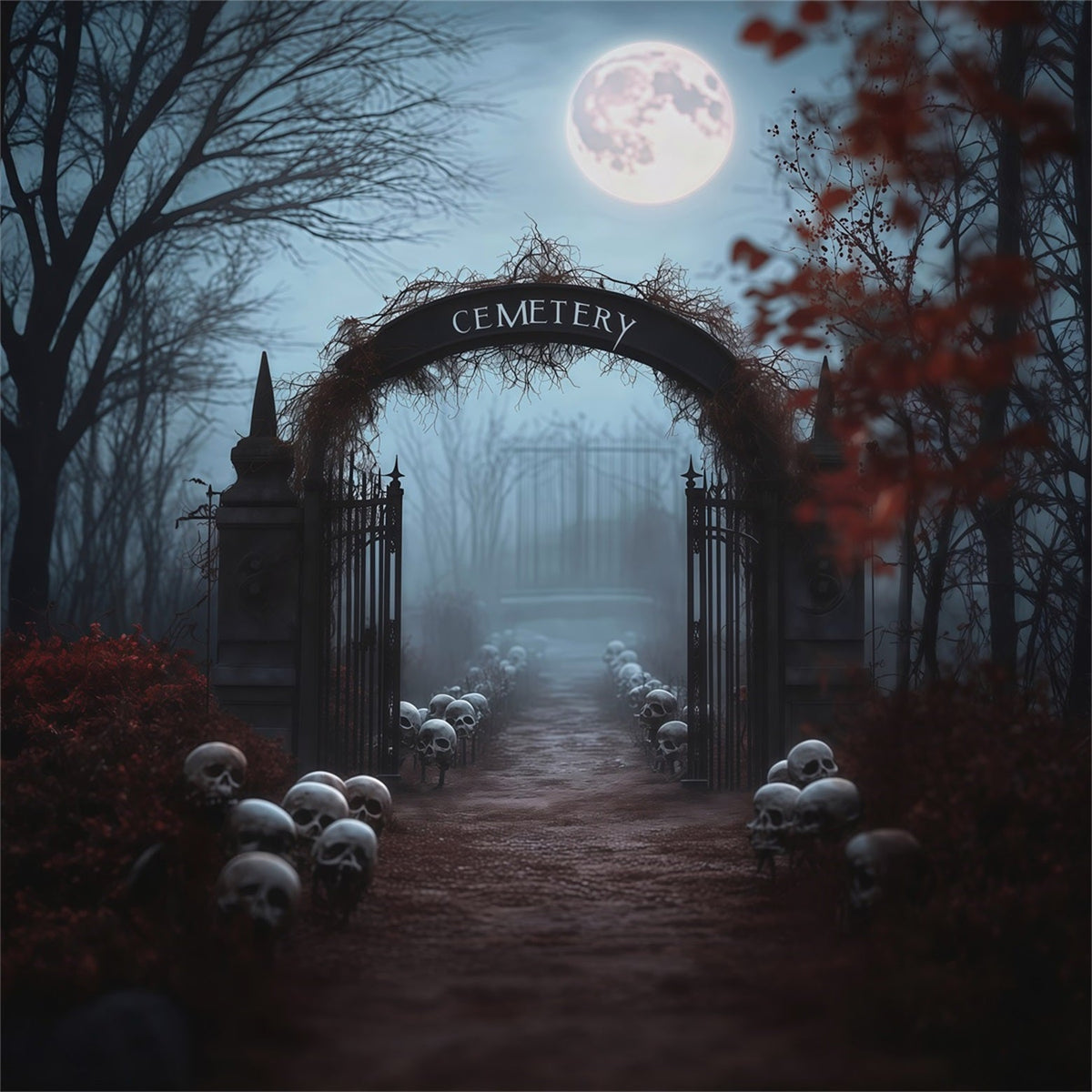 Halloween-Fotohintergrund Im FreienNebeliger Totenkopf Am Friedhofseingang RR67-160