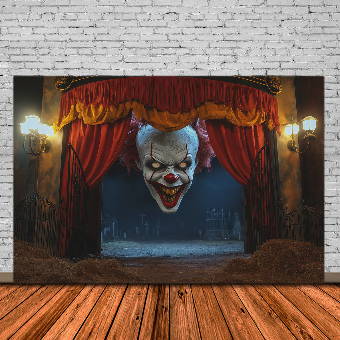 Gruseliger Clown Als Hintergrund Unheimlicher Theatereingang Als Hintergrund Leeres Grab Als Hintergrund RR67-161