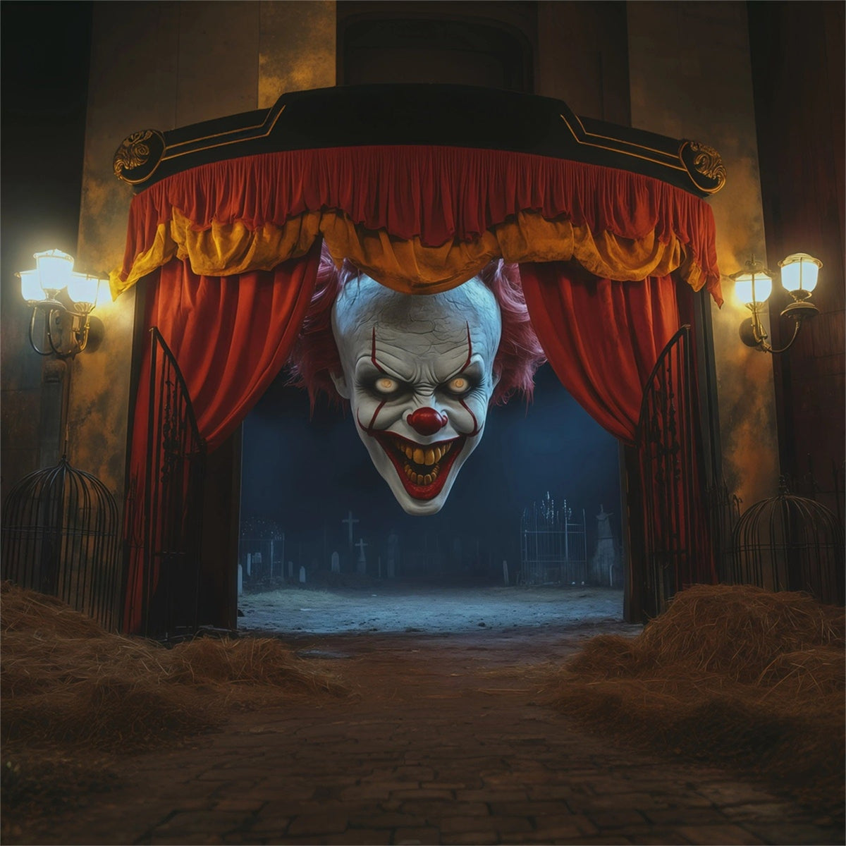 Gruseliger Clown Als Hintergrund Unheimlicher Theatereingang Als Hintergrund Leeres Grab Als Hintergrund RR67-161