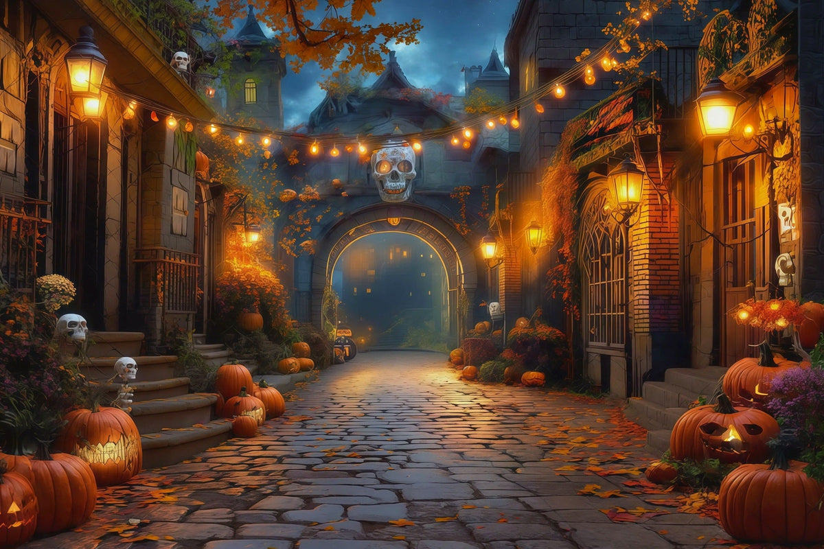 Herbstliche Halloween-Kulisse Mit Kürbisallee Totenkopflaternen Gruselige Halloween-Kulissen RR67-17