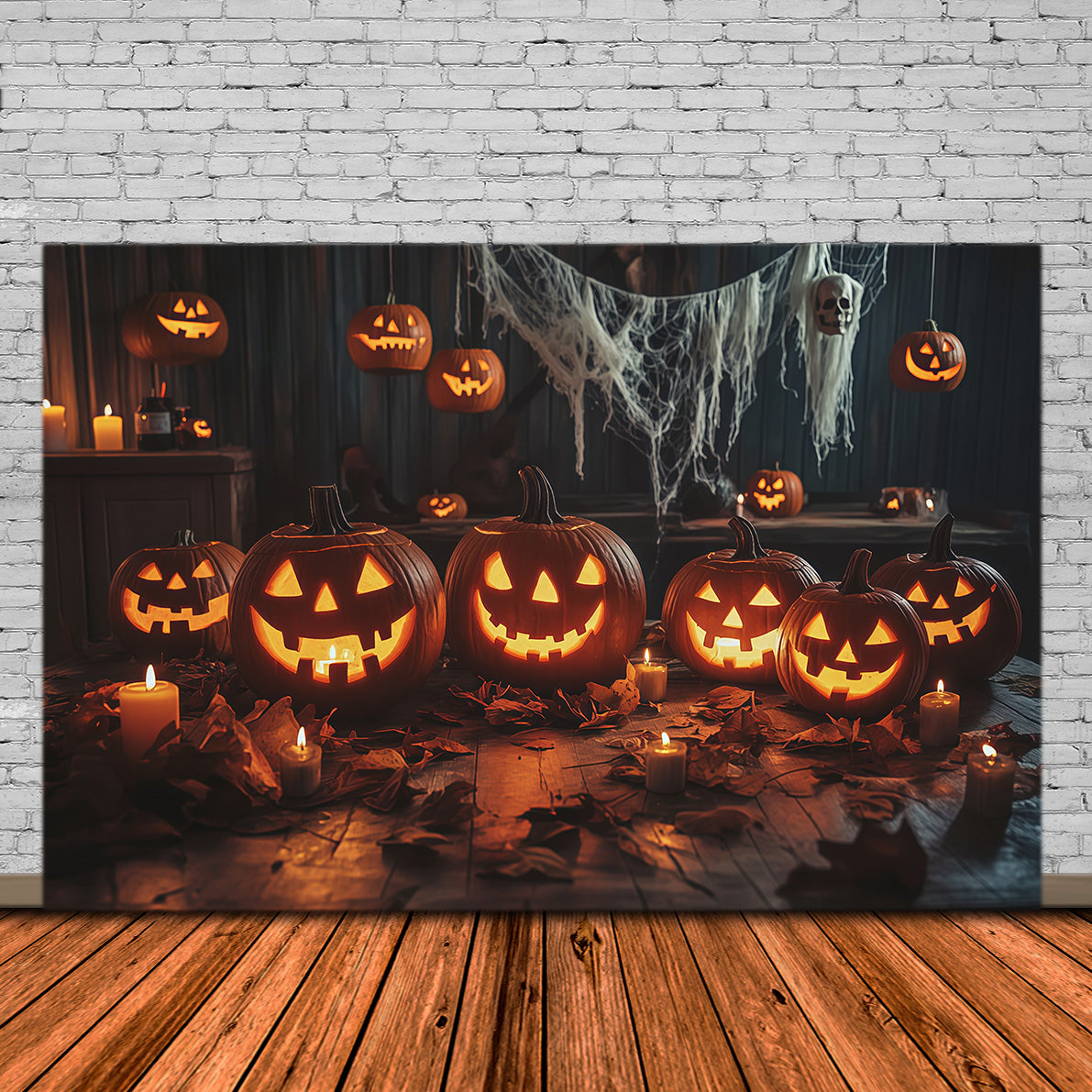 Kürbis-Halloween-Hintergrund Kerzenbeleuchteter Esstisch Halloween-Party-Hintergründe RR67-174