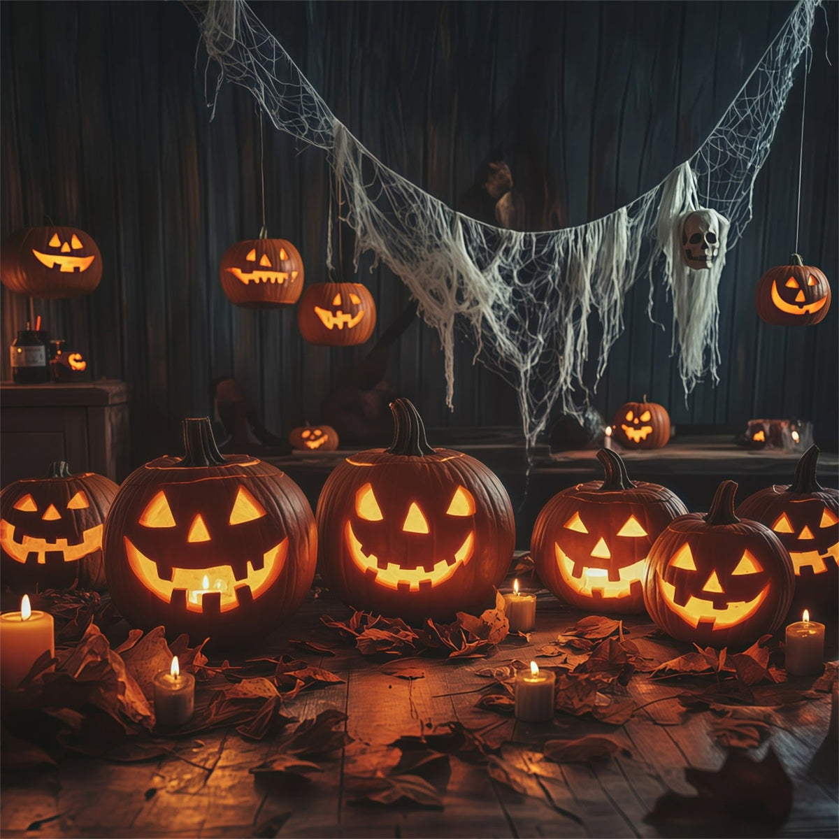 Kürbis-Halloween-Hintergrund Kerzenbeleuchteter Esstisch Halloween-Party-Hintergründe RR67-174