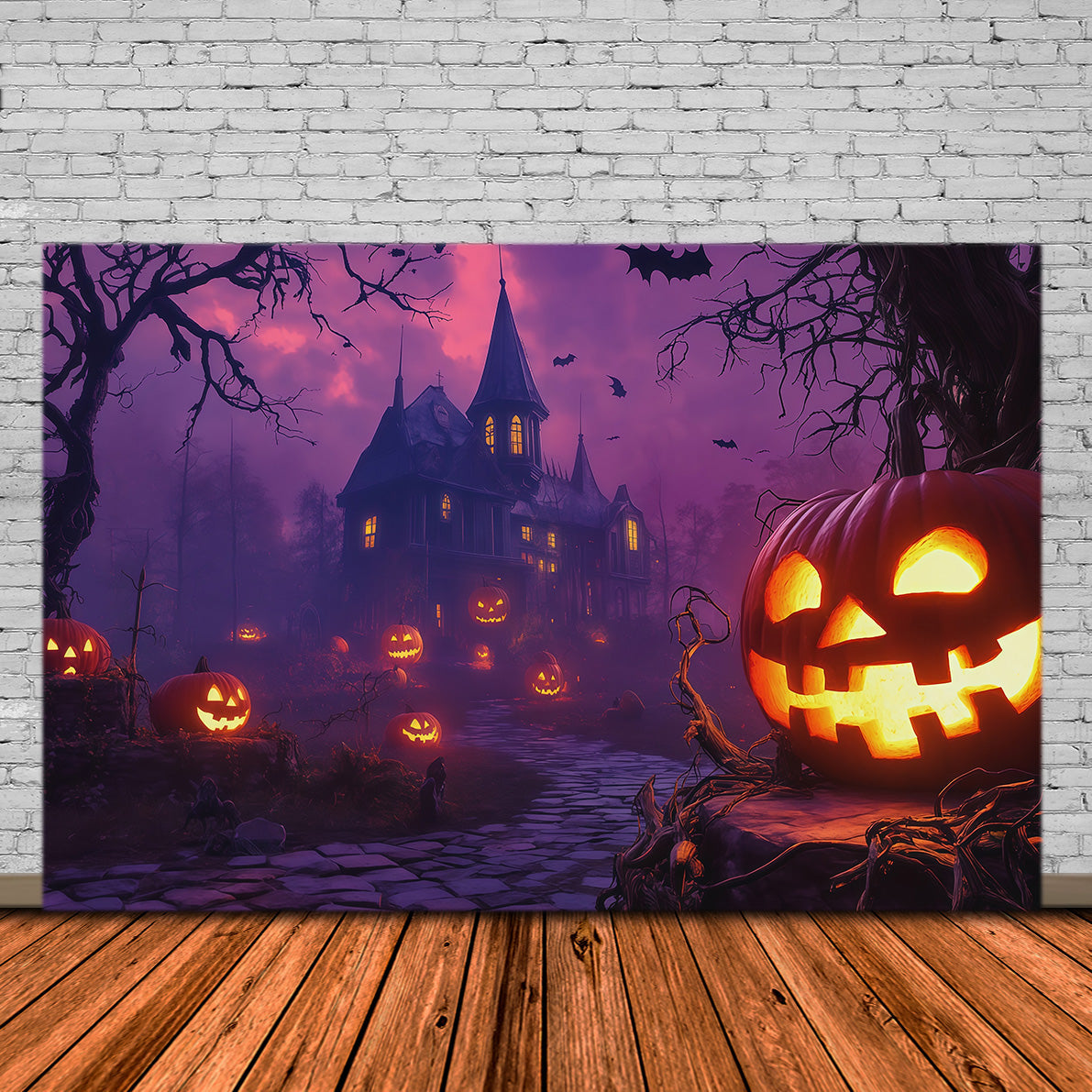 Kürbisse Als Hintergrund Lila Himmel Spukhaus Halloween-Hintergrund Foto RR67-176