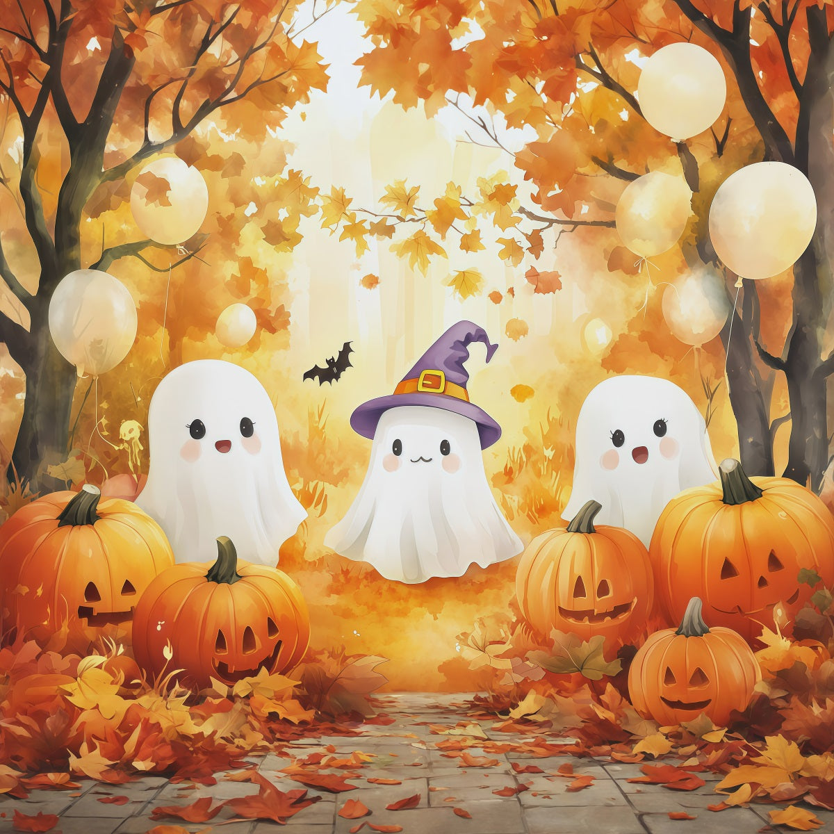 Fotohintergrund Kürbisbeet Herbstliche Geisterversammlung Niedlicher Halloween-Fotohintergrund RR67-178