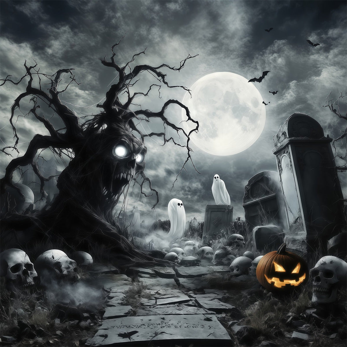 Halloween-GeisterkulisseGruseliger Totenkopfbaum Auf Dem Friedhof RR67-18