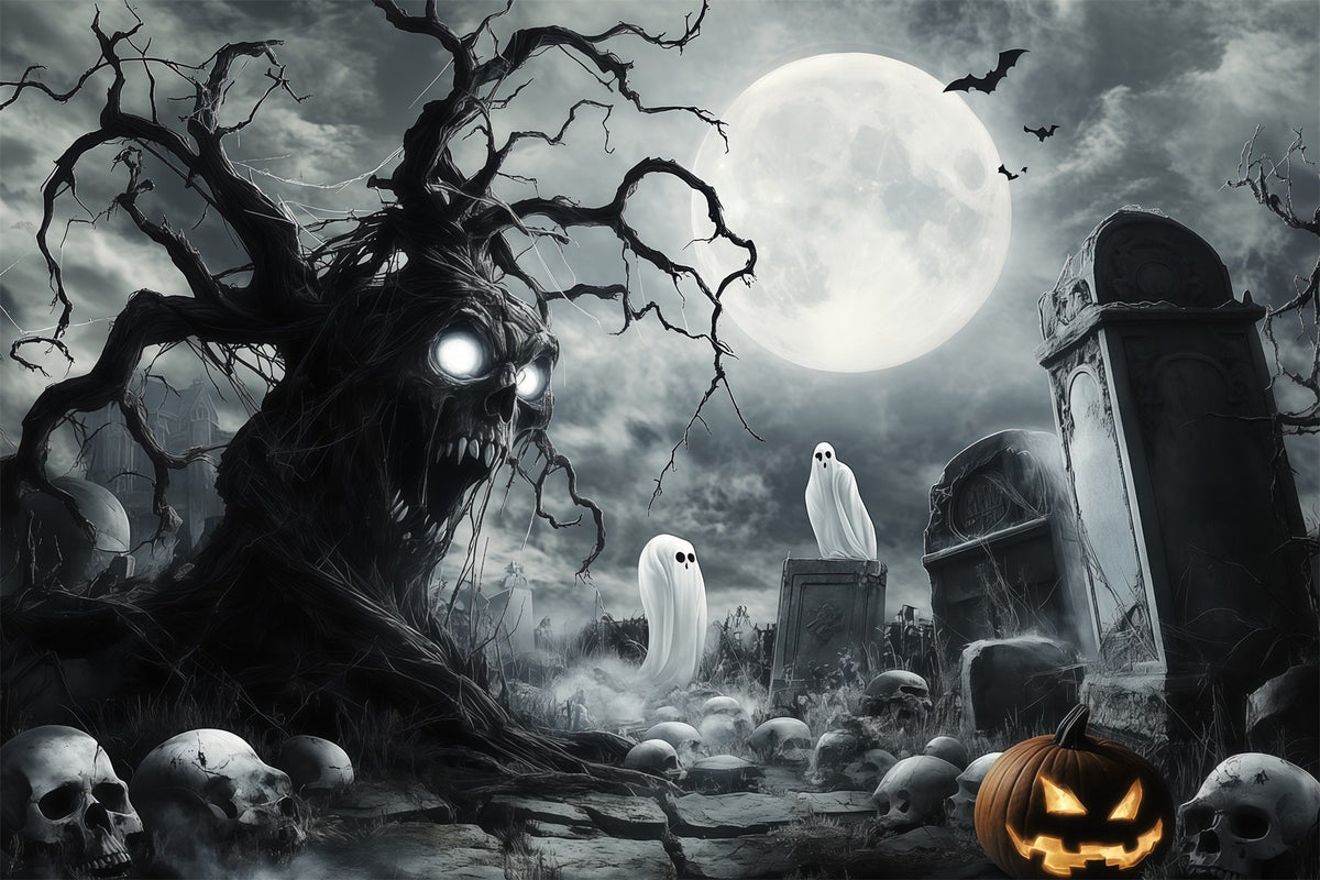 Halloween-GeisterkulisseGruseliger Totenkopfbaum Auf Dem Friedhof RR67-18
