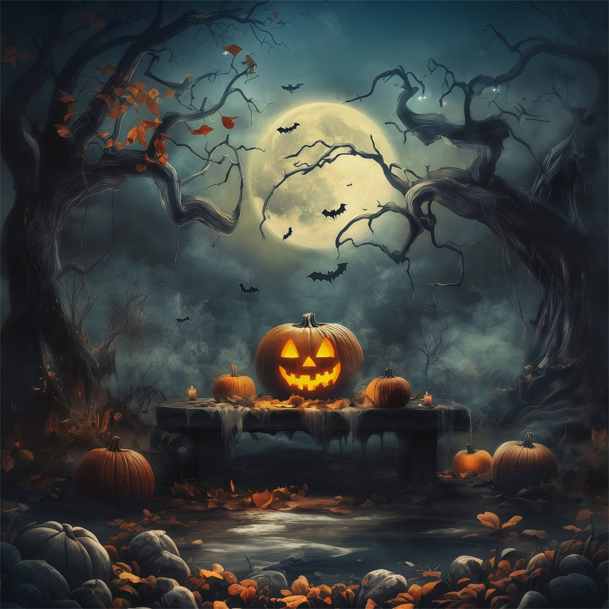 Halloween-Kulisse Mit Kürbissen Mondbeschienener Wald Tisch Fotobox-Ideen Für Halloween-Kulissen RR67-180