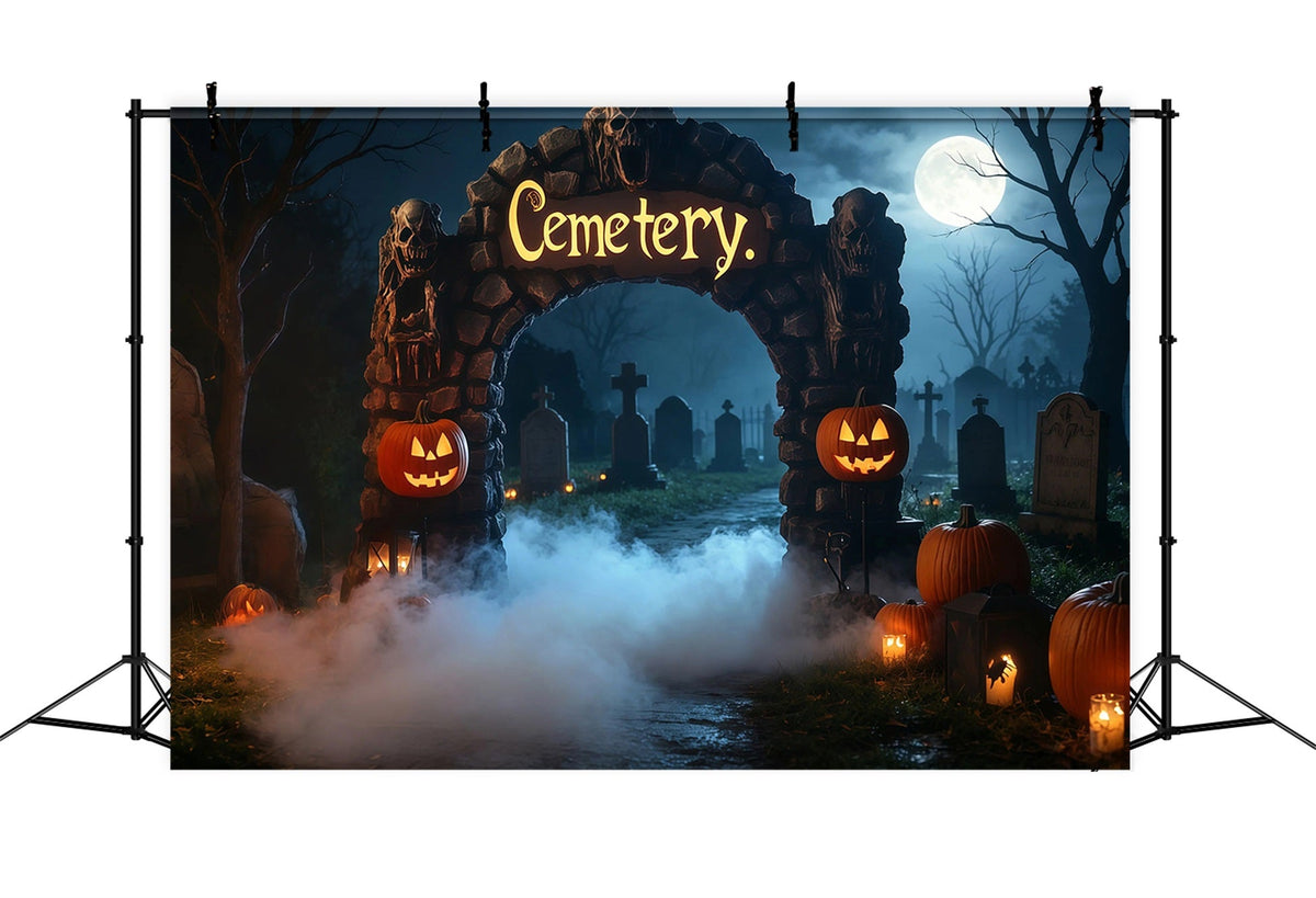Halloween-Fotohintergrund Aus PappeNebliger Friedhofsbogen Mit Kürbissen RR67-19