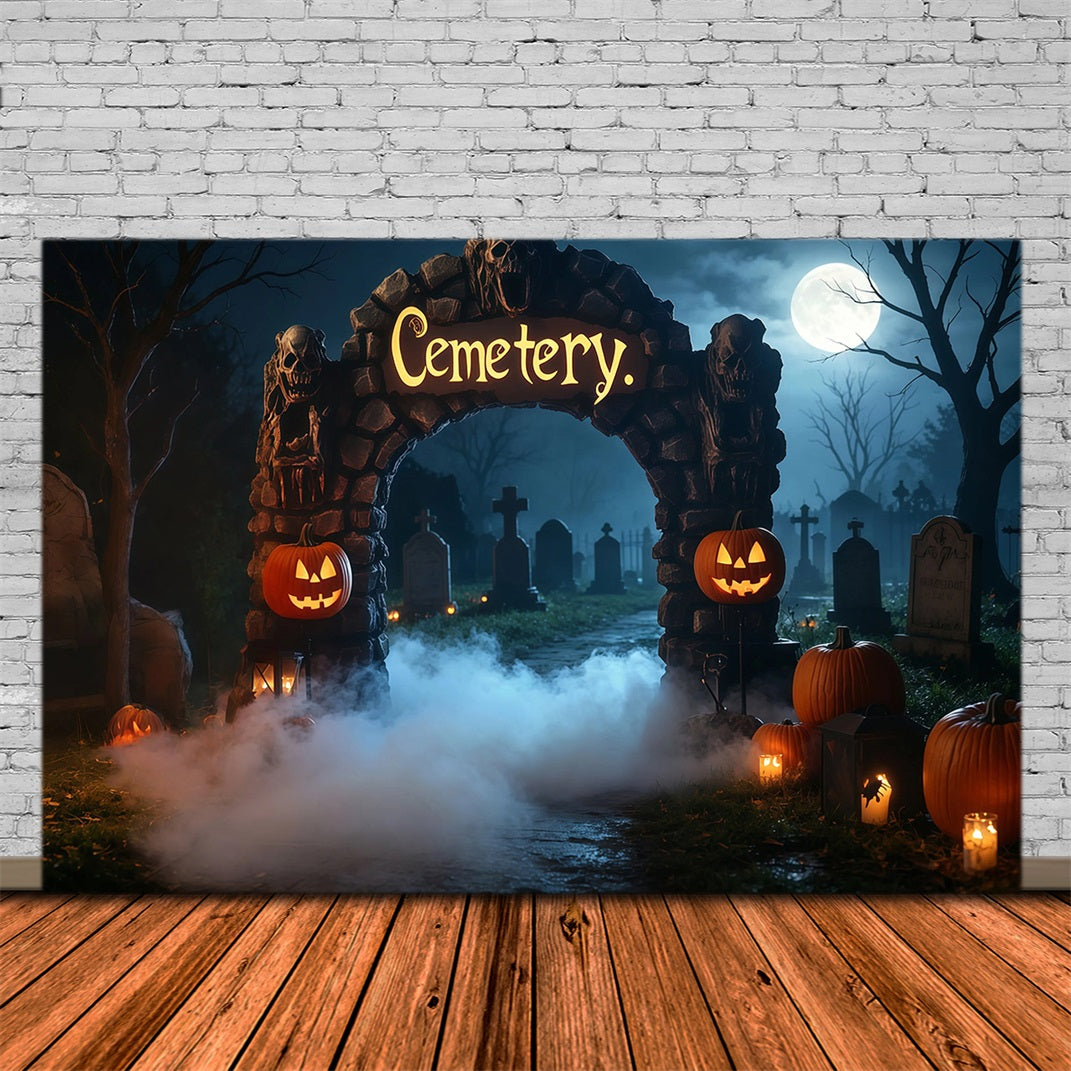 Halloween-Fotohintergrund Aus PappeNebliger Friedhofsbogen Mit Kürbissen RR67-19