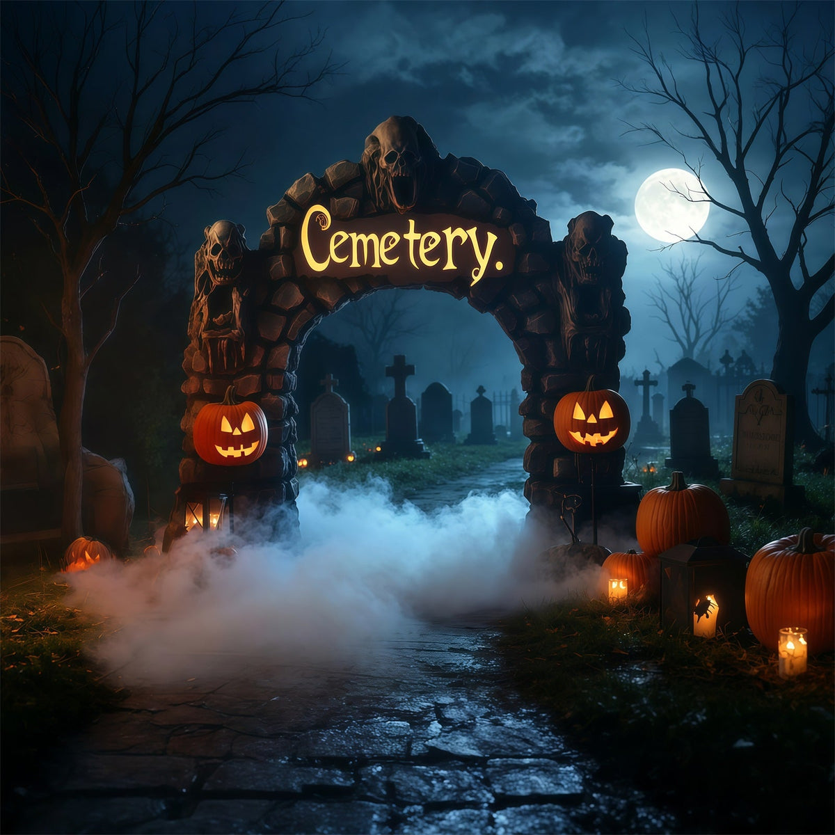 Halloween-Fotohintergrund Aus PappeNebliger Friedhofsbogen Mit Kürbissen RR67-19