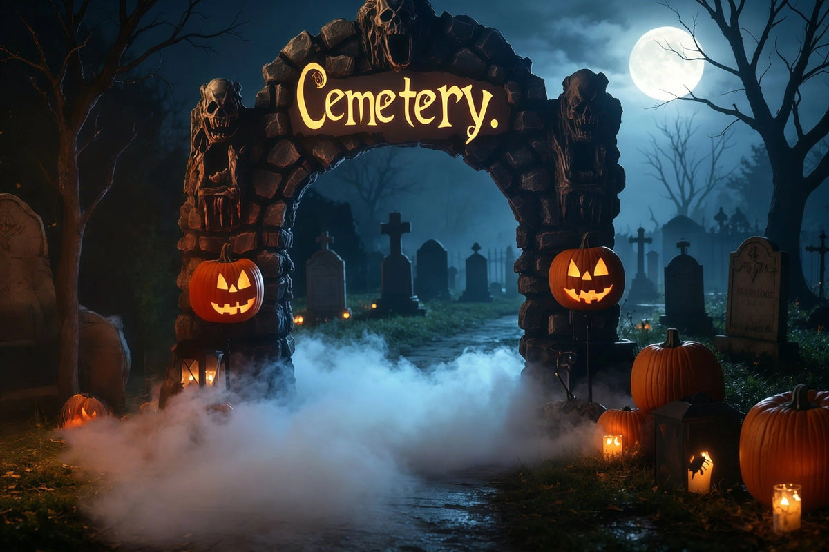 Halloween-Fotohintergrund Aus PappeNebliger Friedhofsbogen Mit Kürbissen RR67-19