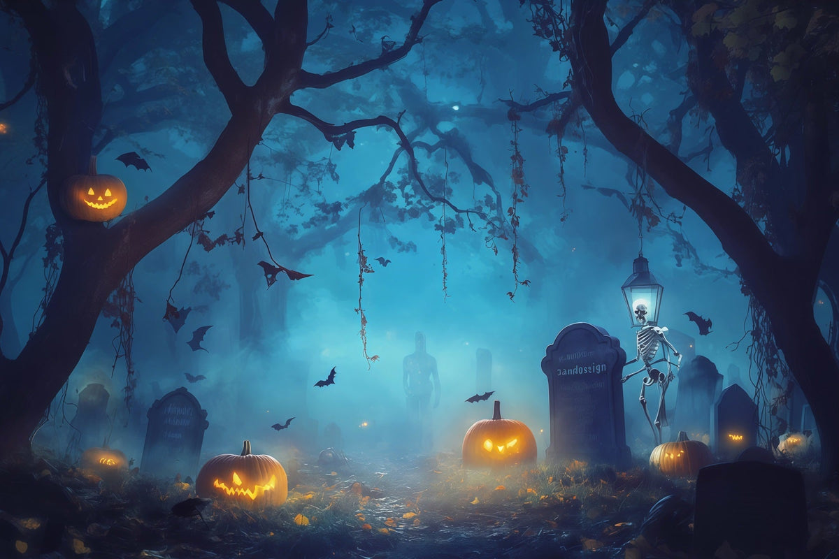 Kürbis-Hintergrund Nebliger Skelettfriedhof Gruselige Halloween-Hintergrundideen RR67-192