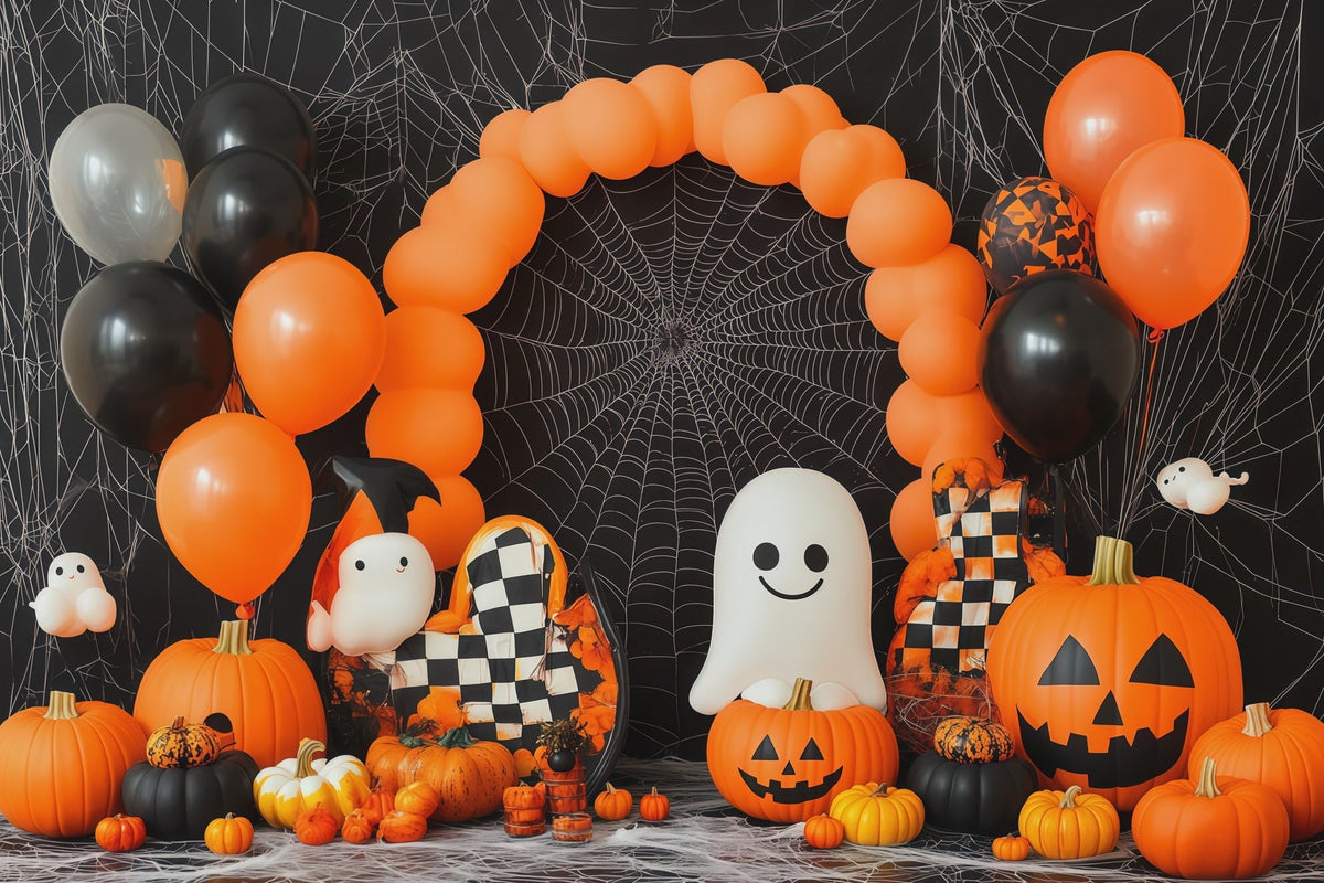 Halloween-Hintergrund Mit Ballonbogen Geist Kürbis Und Spinnennetz Party-Stoffhintergrund RR67-194