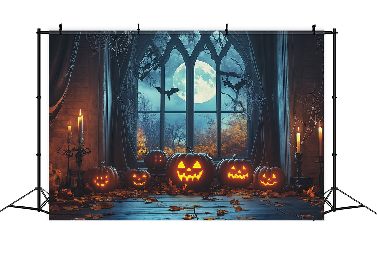 Halloween-Kulisse Mit Fenster Gotischem Motiv Mondbeschienenem Kürbis Und Bogen RR67-195
