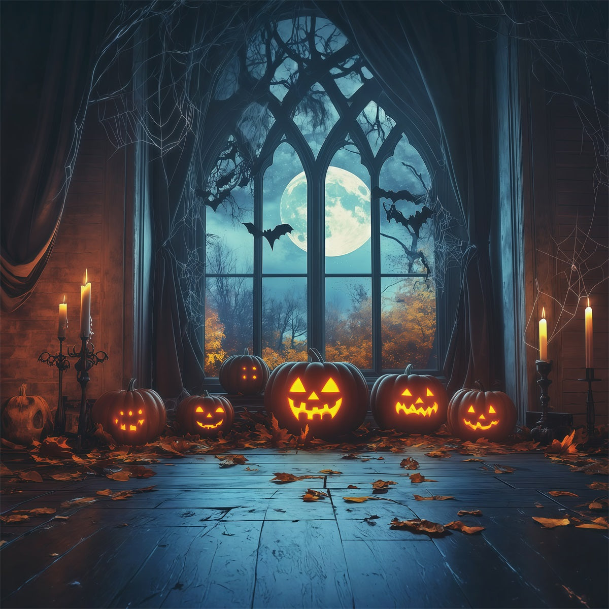 Halloween-Kulisse Mit Fenster Gotischem Motiv Mondbeschienenem Kürbis Und Bogen RR67-195