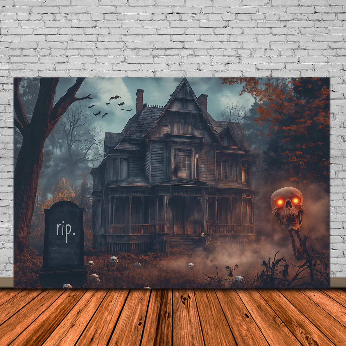 Hintergrundkulisse Spukhaus Nebliger Totenkopf Spukhaus-Halloween-Hintergrund Fotokabine RR67-196