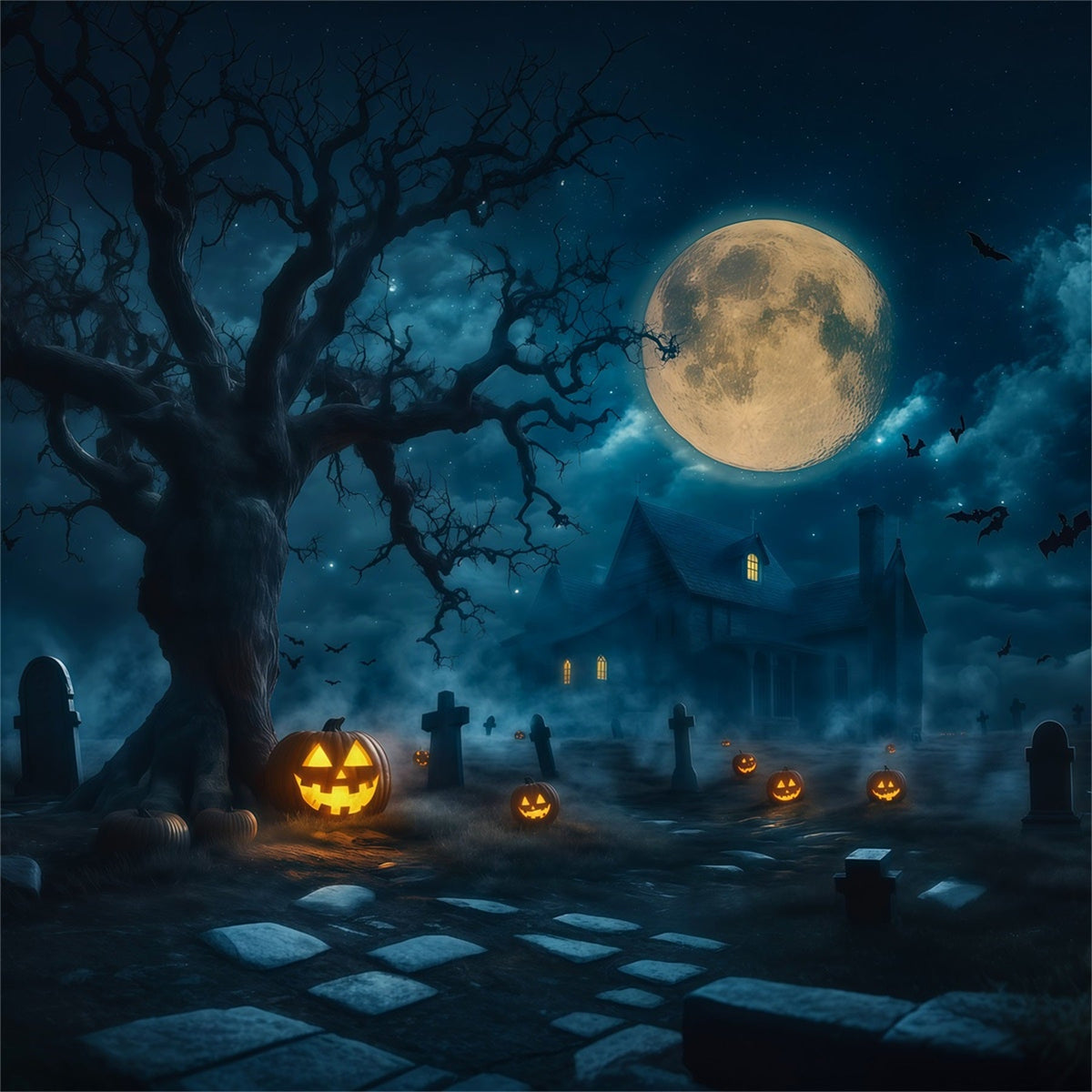 Hintergrundbanner Für Ein Spukhaus Mondbeschienener Kürbis Friedhof Herrenhaus Halloween-Bühnenhintergrund RR67-197